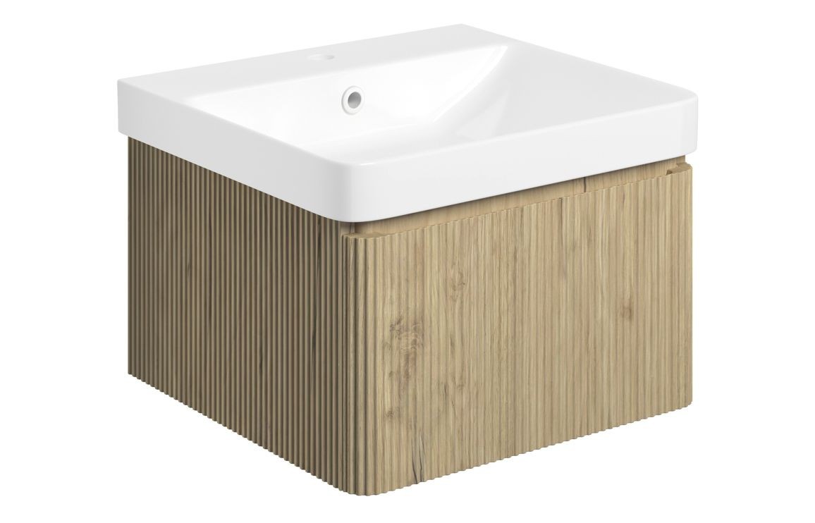 Oak 500mm Wall Hung 1 Drawer Basin Unit & Basin - Textured Oak